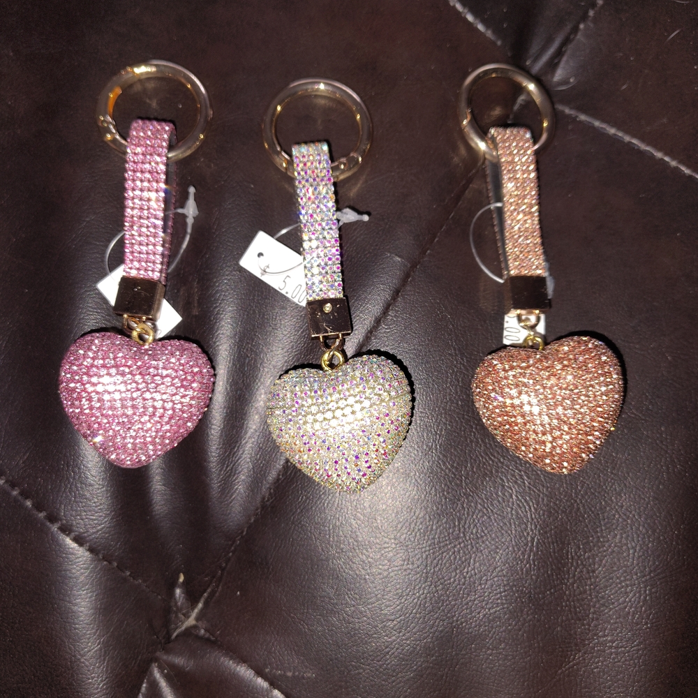 Elegant Heart Keychain Set - Pink, Silver, and Gold